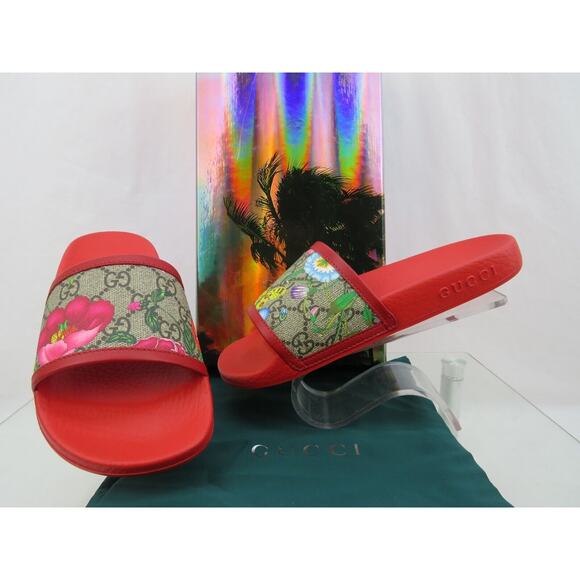 GUCCI 602096 GG SUPREME BLUM RED LEATHER CANVAS FLORAL SANDALS SLIDES 35 US 5 - Picture 2 of 12